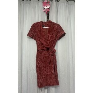 VTG Y2K Red Pink Ombré Silk Wrap Midi Dress Sz 10 Animal Cheetah Print Tie Waist